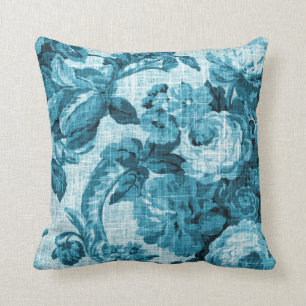 Aqua Teal Turquoise Blue Vintage Floral Toile Cushion