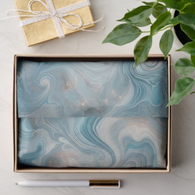 Aqua Teal Turquoise Blue White Silver Marble Tissue Paper (Gift)
