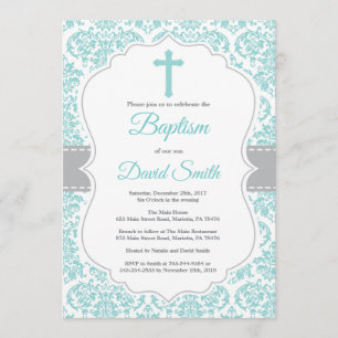 Aqua Teal Turquoise Damask Cross Baptism Invitation