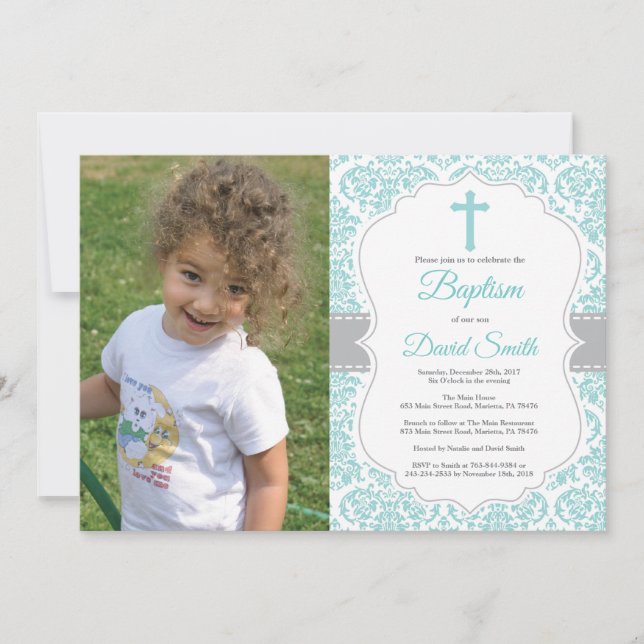 Aqua Teal Turquoise Damask Cross Baptism Invitation (Front)
