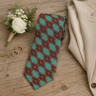 Aqua Teal Turquoise Green Orange Brown Tribal Art Tie
