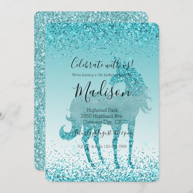 Aqua Teal Turquoise Sparkle Unicorn Invitation (Front/Back)