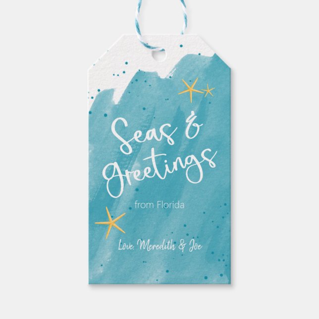 Aqua Teal Watercolor Beach-Themed Seas & Greetings Gift Tags (Front)