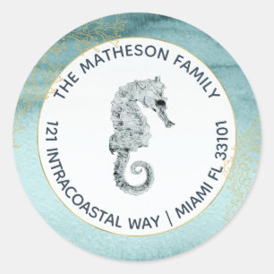 Aqua Teal Watercolor Nautical Return Address Classic Round Sticker
