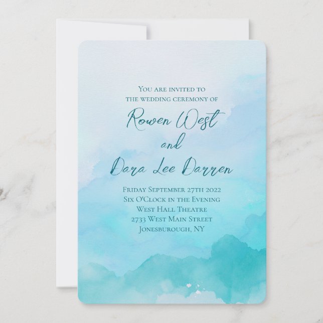 Aqua Teal Watercolor Ombre Painting Wedding Invitation (Front)