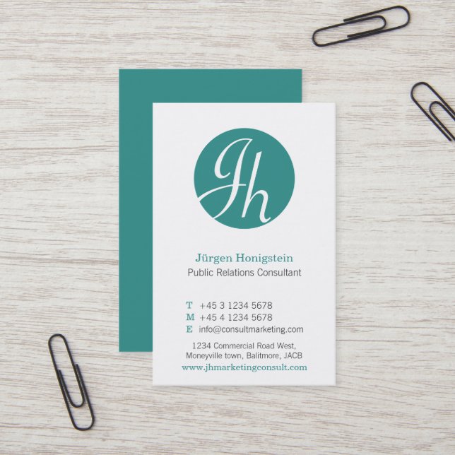 Aqua teal white circle initial modern business card (Front/Back In Situ)