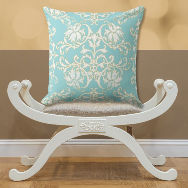 Aqua Teal White Gold Damask Pillow (Creator Uploaded)