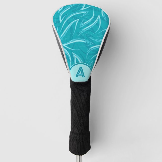 Aqua Teal White Waves Monogram Golf Head Cover (Front)