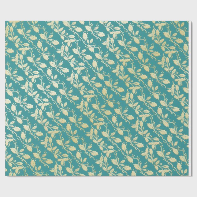  Aqua & Teal Xmas Wrapping Paper with Gold Accents (Flat)