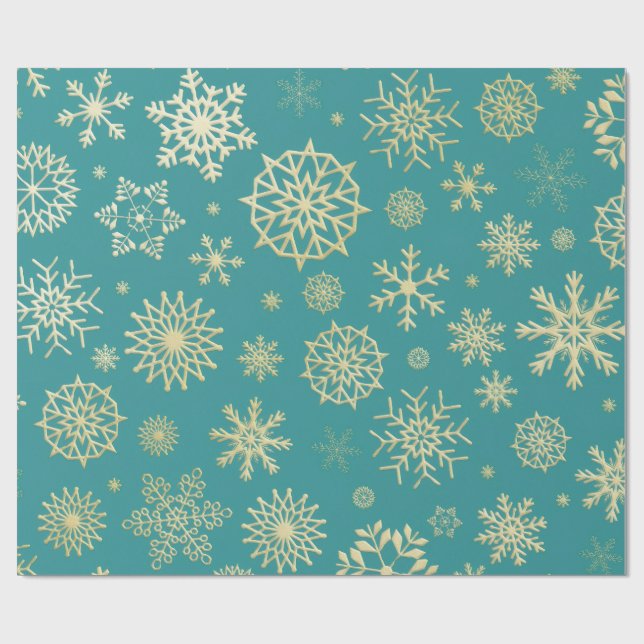  Aqua & Teal Xmas Wrapping Paper with Gold Accents (Flat)