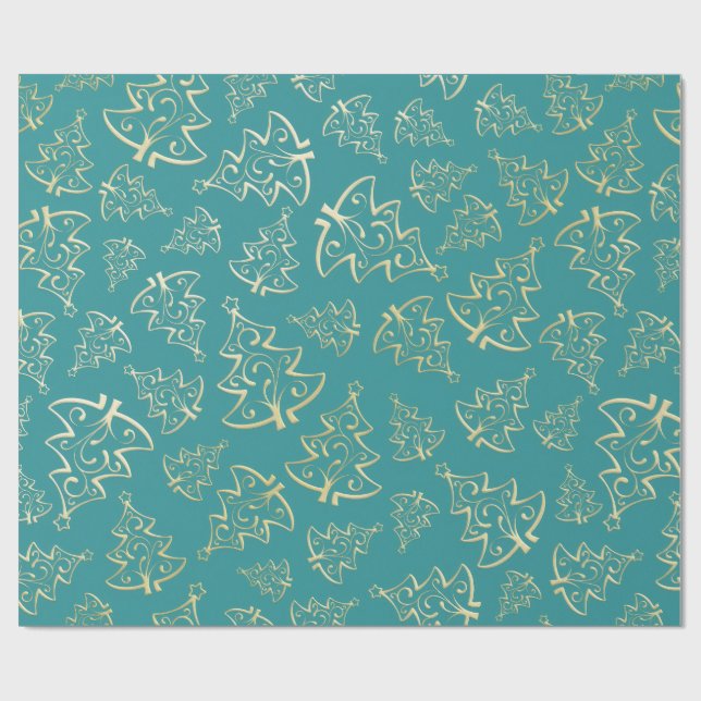  Aqua & Teal Xmas Wrapping Paper with Gold Accents (Flat)