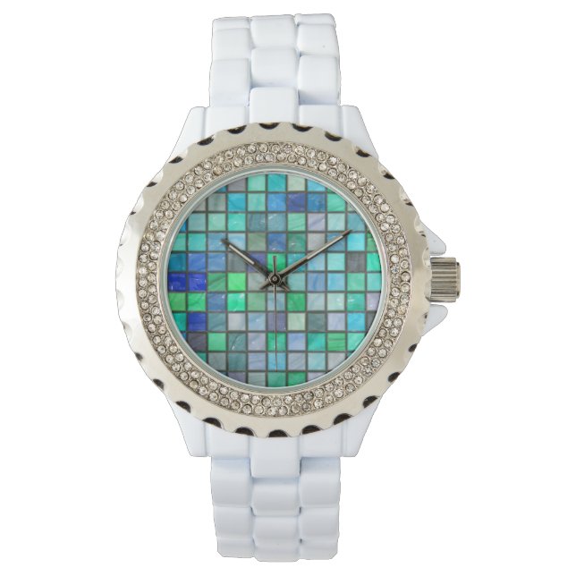 Aqua Tile & Rhinestone Watch by Julie Everhart (Front)