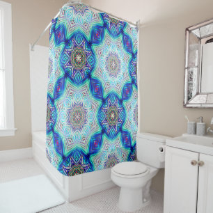 Aqua to royal blue kaleidoscope eight points star  shower curtain