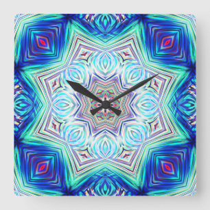 Aqua to royal blue kaleidoscope eight points star square wall clock