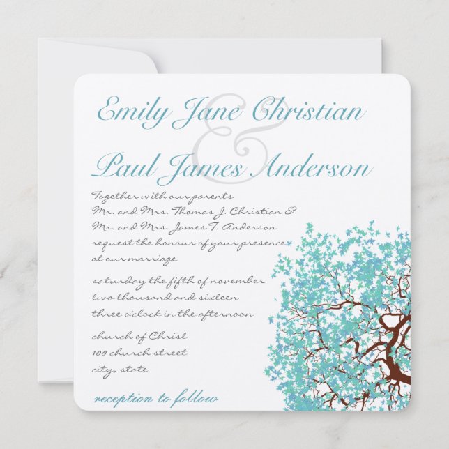 Aqua Tree Brown Trunk Wedding Invites (Front)