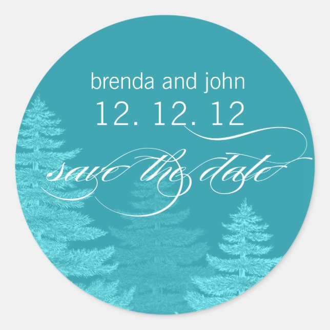 Aqua Trees Save the Date Winter Wedding Sticker (Front)