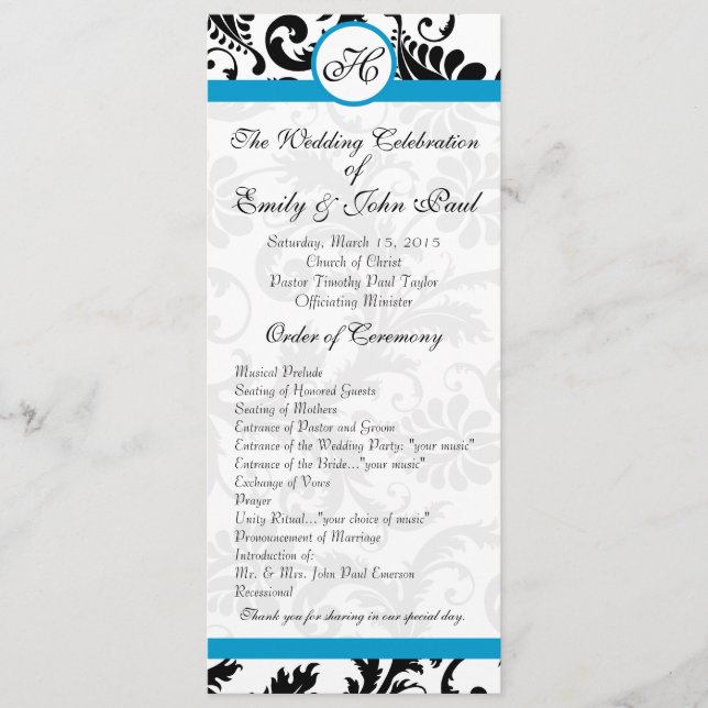 Aqua Trim Black Damask Wedding Program (Front)