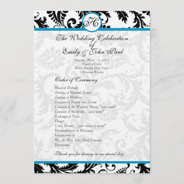Aqua Trim Black Damask  Wedding Program (Front)