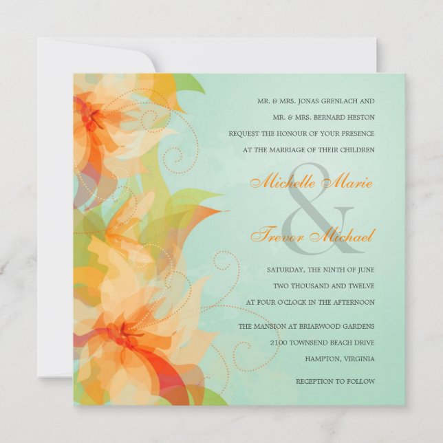 Aqua Tropical Floral Wedding Invitations (Front)