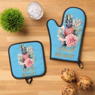 Aqua Tropical Gold Glitter Shine Pineapple Oven Mitt & Pot Holder Set