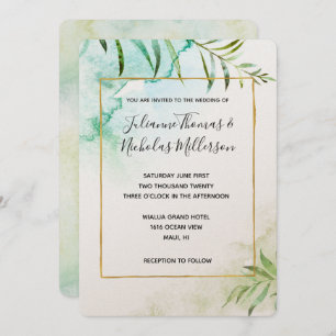 Aqua Tropical Leaves Watercolor Wedding  Invitation