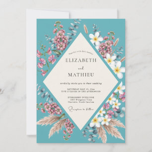 Aqua Tropical Plumeria Eucalyptus Wedding Invitation