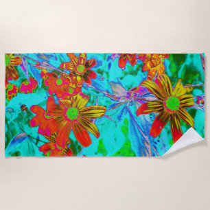 Aqua Tropical with Yellow and Orange Flowers Beach Towel