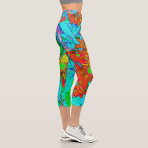 Aqua Tropical with Yellow and Orange Flowers Capri Leggings