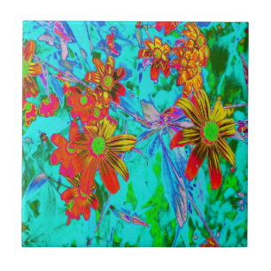 Aqua Tropical with Yellow and Orange Flowers Ceramic Tile