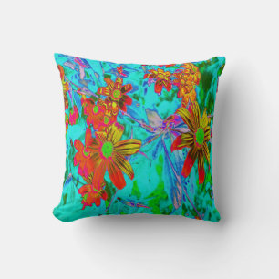 Aqua Tropical with Yellow and Orange Flowers Cushion