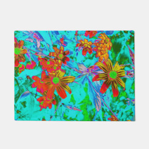 Aqua Tropical with Yellow and Orange Flowers Doormat
