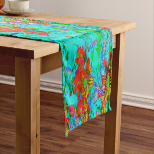 Aqua Tropical with Yellow and Orange Flowers Short Table Runner