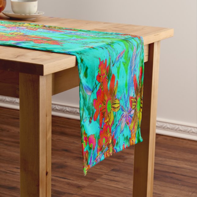 Aqua Tropical with Yellow and Orange Flowers Short Table Runner (In Situ)