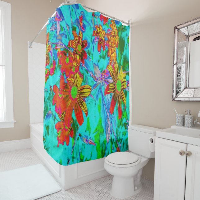 Aqua Tropical with Yellow and Orange Flowers Shower Curtain (In Situ)