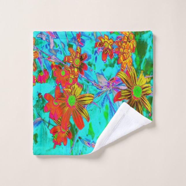 Aqua Tropical with Yellow and Orange Flowers Wash Cloth (Wash Cloth)