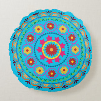 Aqua Turkish Floral design round pillow