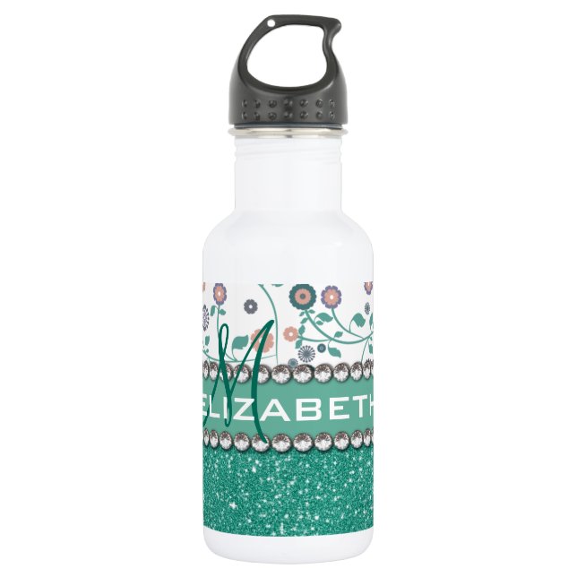 Aqua Turqoise Monogram Flower Glitter Pattern 532 Ml Water Bottle (Front)