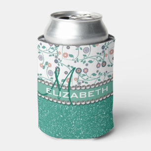 Aqua Turqoise Monogram Flower Glitter Pattern Can Cooler