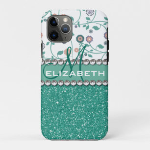 Aqua Turqoise Monogram Flower Glitter Pattern iPhone 11 Pro Case