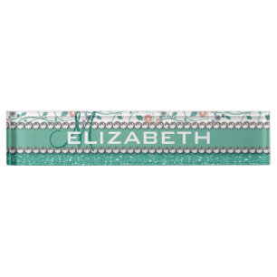 Aqua Turqoise Monogram Flower Glitter Pattern Nameplate