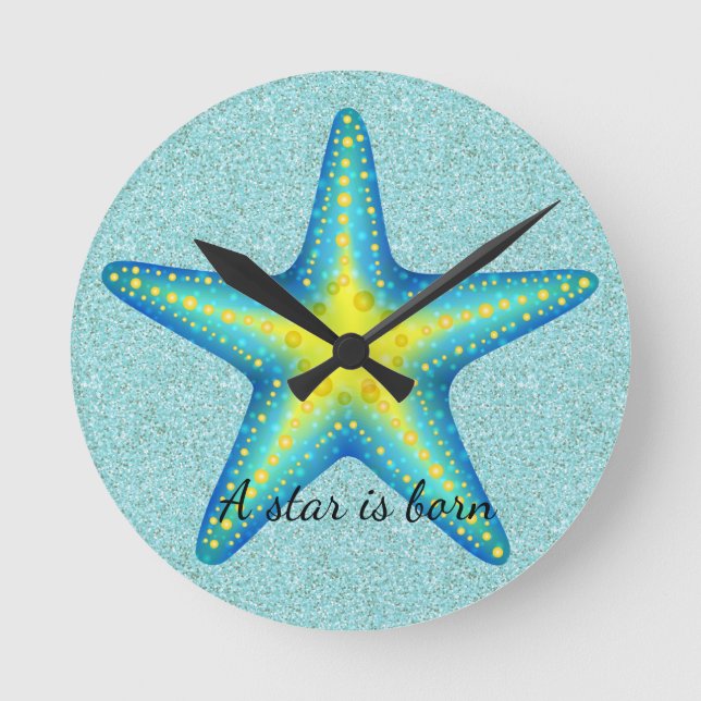 Aqua Turquoise and Yellow Starfish Wall Clock (Front)
