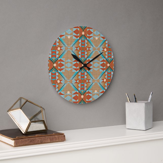 Aqua Turquoise Blue Orange Brown Tribal Pattern Large Clock (Office)