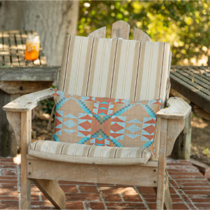 Aqua Turquoise Blue Orange Brown Tribal Pattern Lumbar Cushion