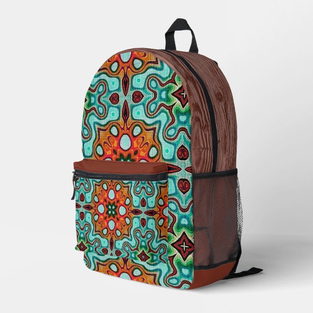 Aqua Turquoise Blue Orange Red Brown Tribal Art Printed Backpack (Back Corner Right)