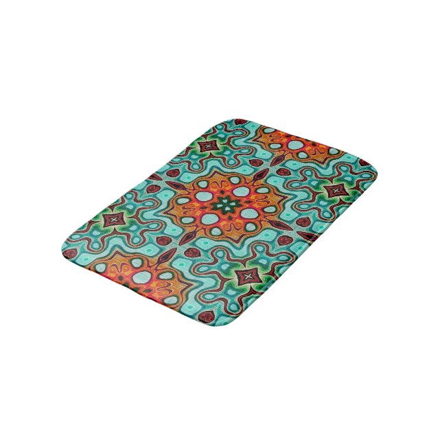 Aqua Turquoise Blue Orange Red Brown Tribe Art Bath Mat (Angled)