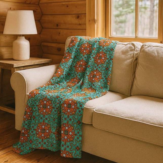 Aqua Turquoise Blue Orange Red Brown Tribe Art Fleece Blanket (Creator Uploaded)