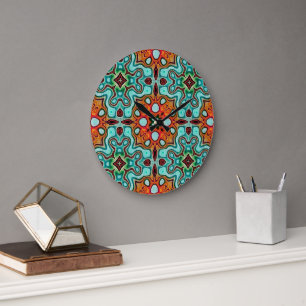 Aqua Turquoise Blue Orange Red Brown Tribe Art Large Clock