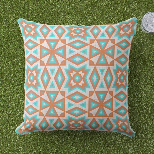 Aqua Turquoise Blue Orange White Tribal Art Cushion (Grass)