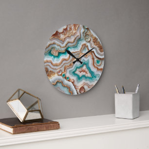 Aqua Turquoise Blush Pink Rose Gold Marble Pattern Large Clock