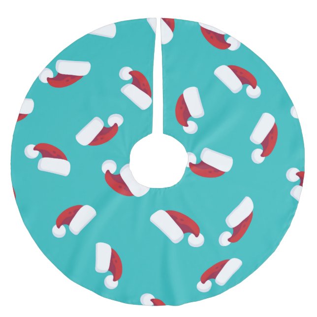 Aqua Turquoise Bright Blue & Red Santa Hats Brushed Polyester Tree Skirt (Front)